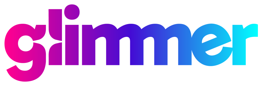 Glimmer logo: the brand name in bold, rounded letters with a pink-to-cyan gradient on white.